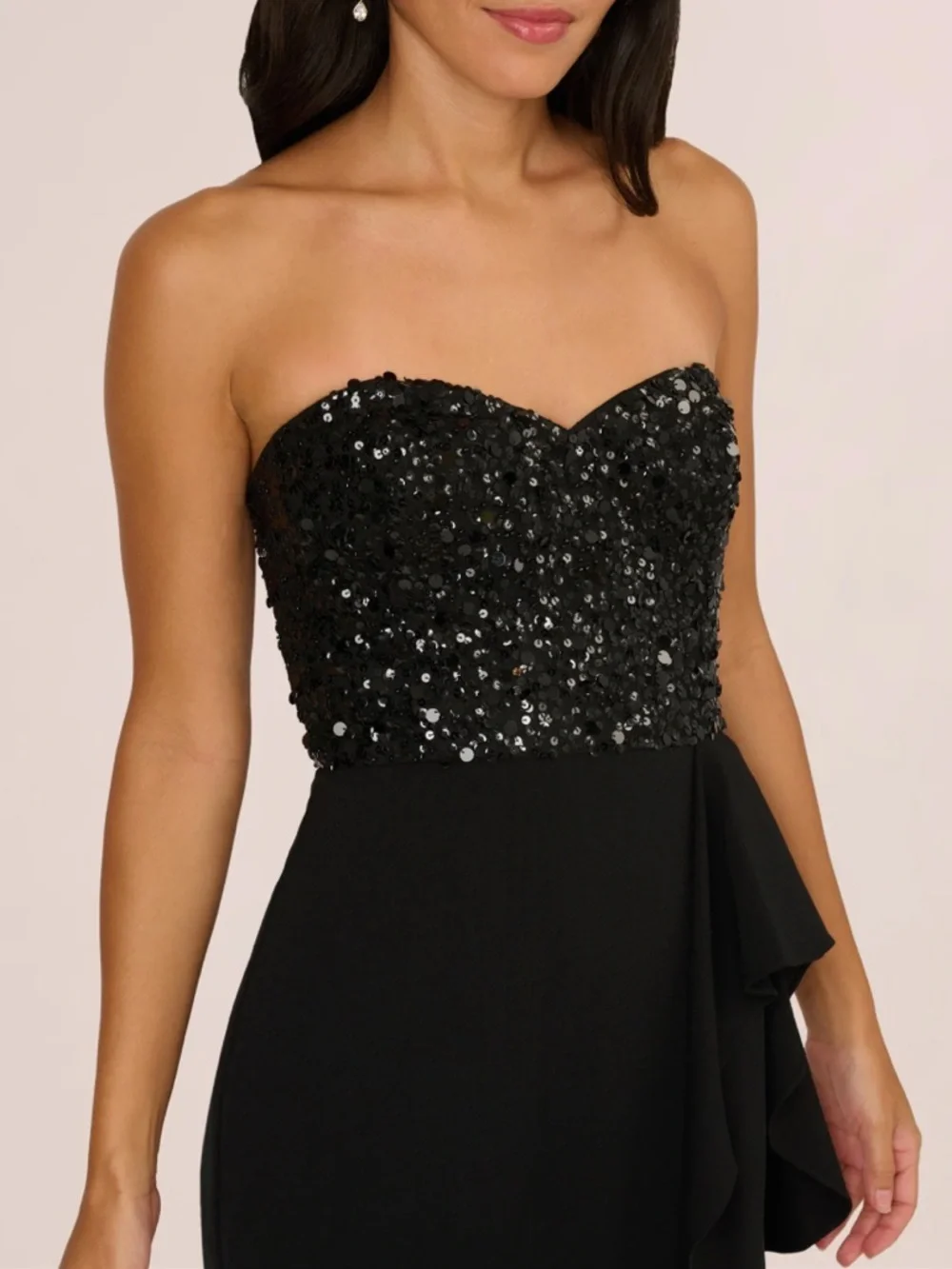 Strapless Sequin Ruffle Combo Gown In Black - Picture 3 of 6
